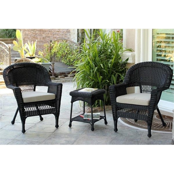 Propation 3 Piece Black Wicker Chair And End Table Set With Tan Cushion PR1081224